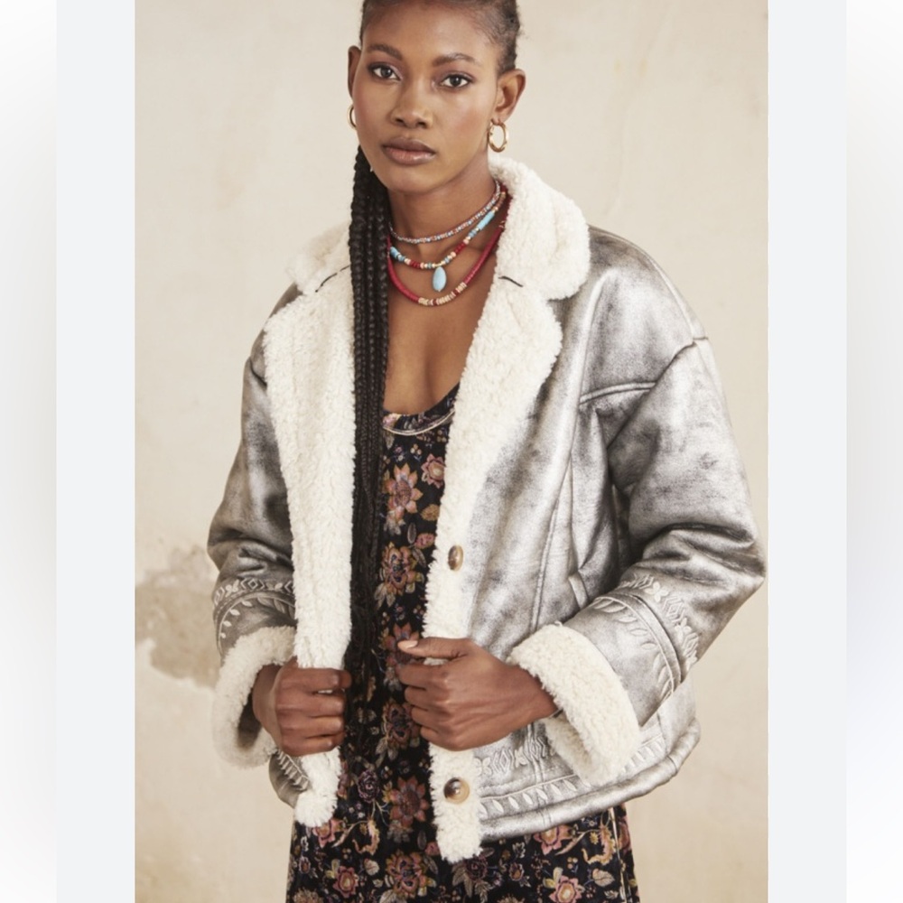NKN Nekane Gaia Silver Faux Shearling Aviator Jacket Embroidered Small NWT